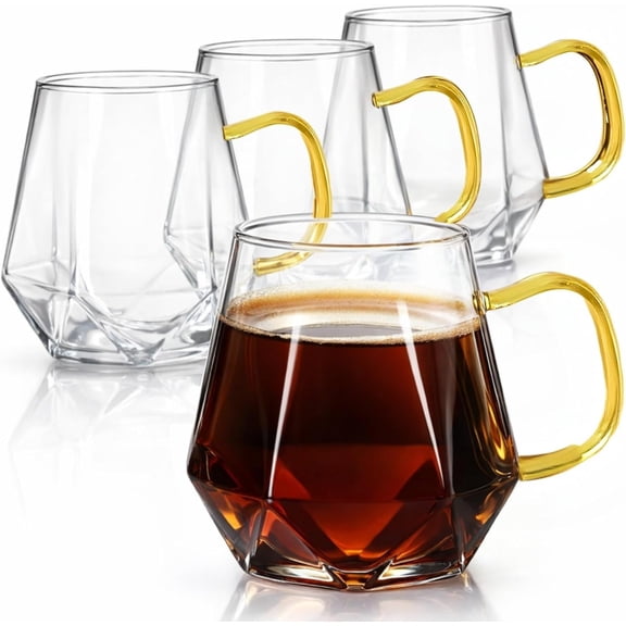 Set of 4 Glass Espresso Cups, 10 Oz Clear Coffee Mugs with Handle