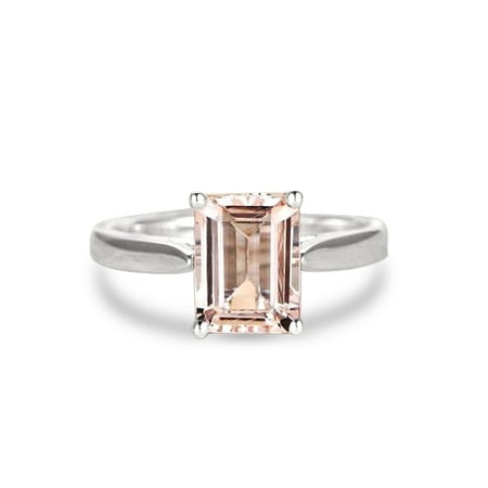1 Carat Emerald Cut Peach Pink Morganite Solitaire Engagement Ring in 10k White Gold