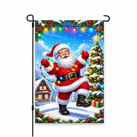 Christmas Santa Garden Flag 12x18 Inch - Festive Holiday Outdoor Decor for Yard, Lawn, Patio, Porch Display - Colorful Lights & Snowy Scene