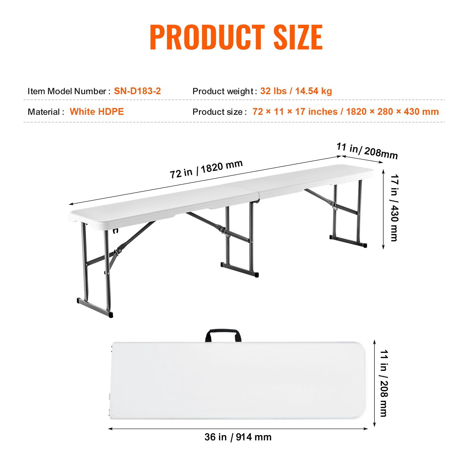 2 Pack Plastic Folding Bench, 6 ft Portable Bench for Indoor Outdoor Picnic Party Patio Camping Dining, Foldable Smooth HDPE Seat for Garden Soccer Entertaining Activities, White