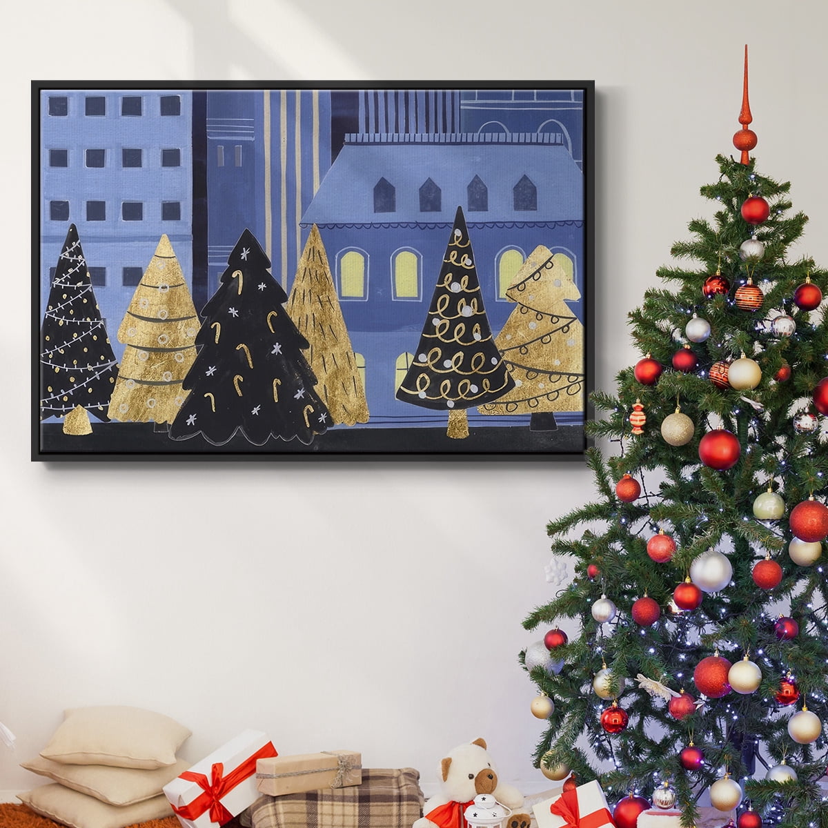 Holiday Night Collection A - Framed Gallery Wrapped Holiday Canvas - 17 x 25 - Black Frame