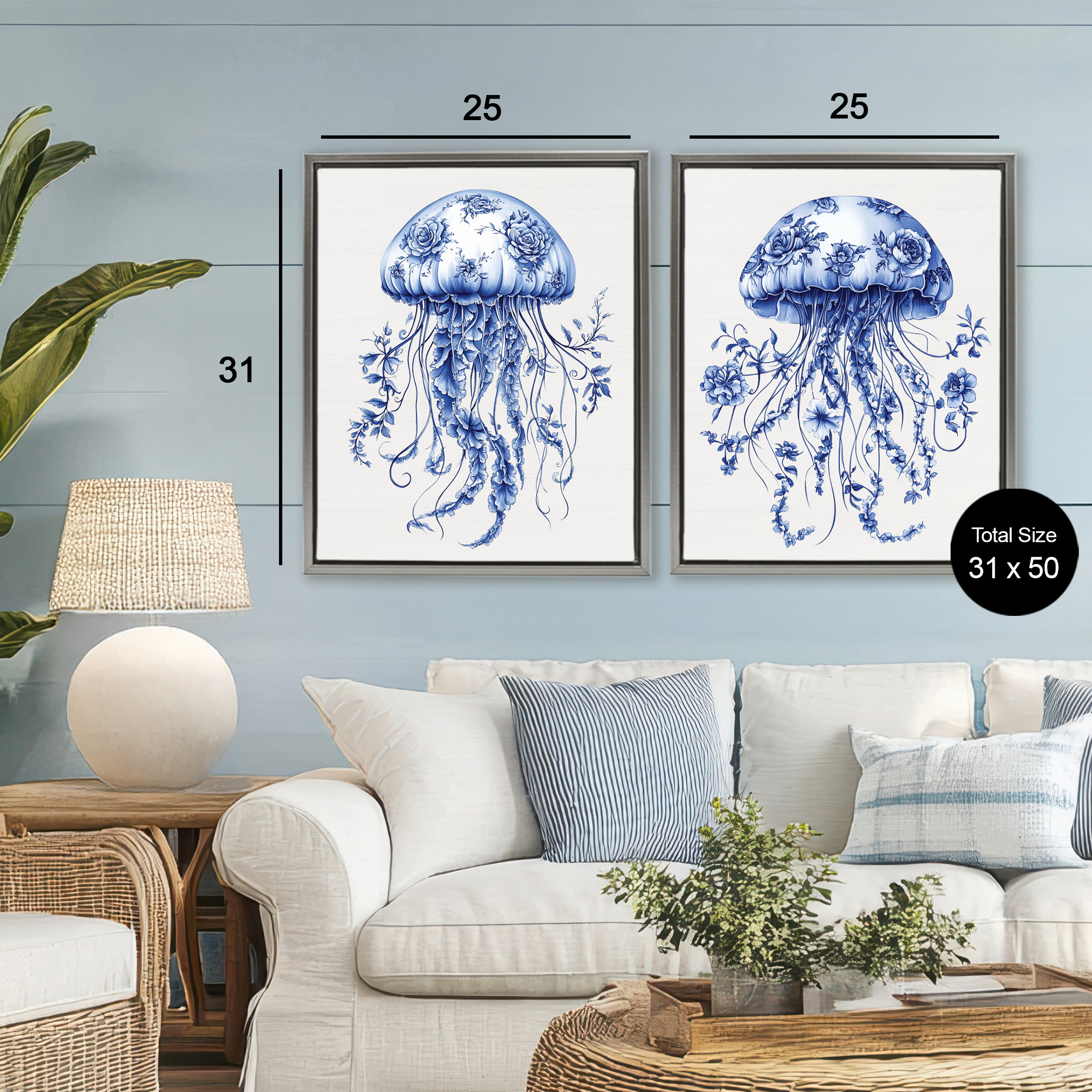 Funky Florals Toile Jellyfish 2 Piece Gray Framed Floater Canvas Set, design by Lettered and Lined