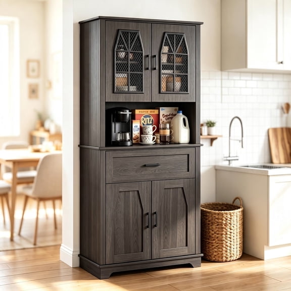 WACASA 71"H Kitchen Pantry Storage Cabinet with Adjustable Shelves, Tall Kitchen Hutch with Microwave Stand and Drawer,for Dining Room, Living Room, Black Wood Grain