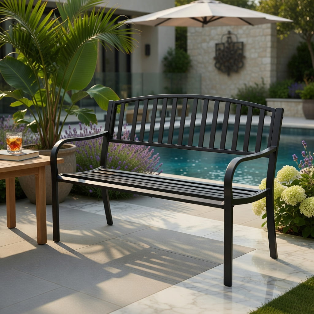 Hommoo 50" Outdoor Steel Garden Bench Loveseat, Modern Patio Bench for Backyard, Deck, Porch & Pool Area, Black