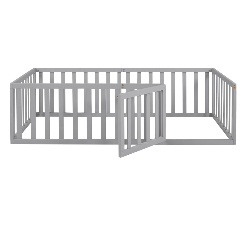 Twin Size Floor Bed Frame for Kids, Solid Wood Montessori Bed Frame with Fence Rail and Door, Montessori Floor Bed Wood Full Bed Frame for Boys and Girls, Gray