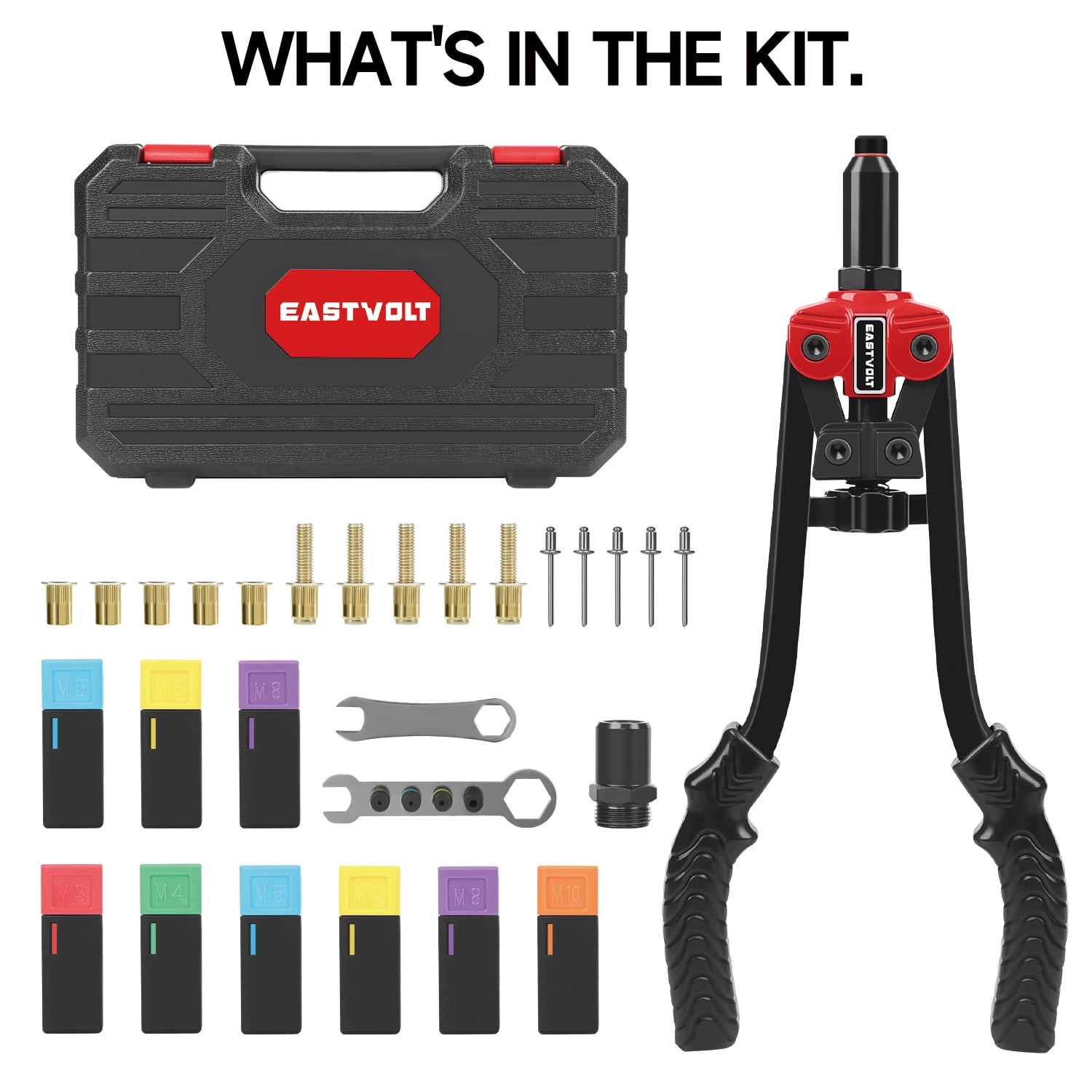 Rivet Nut Tool Kit, Eastvolt 14-Inch 3 in 1 Hand Rivet Gun with 6 Metric Mandrels M3 M4 M5 M6 M8 M10, Rivet Bolt Tool with 3 Metric Bolt Mandrels and Rugged Carrying Case
