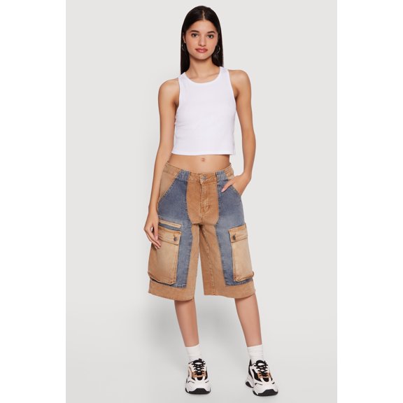 Women's Color Blocked Cargo Bermuda Denim Shorts