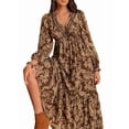 thumbnail image 2 of Females Boho Floral Long Sleeve Maxi Dress V Neck Waist Fall Wedding Guest Dresses with Pockets Dark Brown XL, 2 of 9