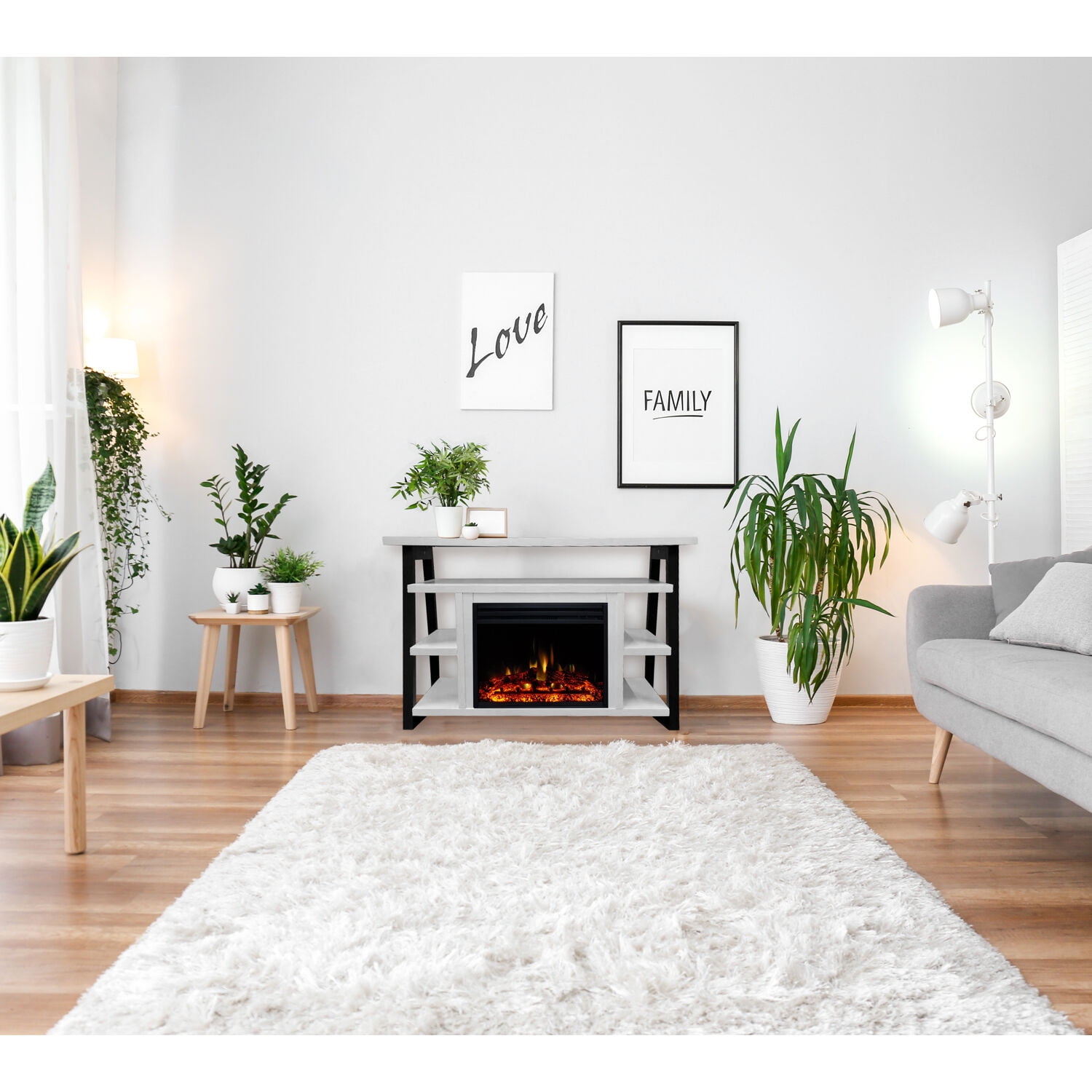 Hanover 32-In. Industrial Chic Electric Fireplace Heater with Deep Log Display and 5 Flame Colors, White/Black