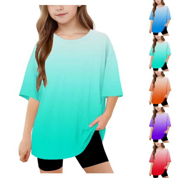 SGFCWSX Girls Short Sleeve T-Shirt, Teens Crew Neck Tees Oversized Gradient Casual Summer Tops Green Size 14-15 Years