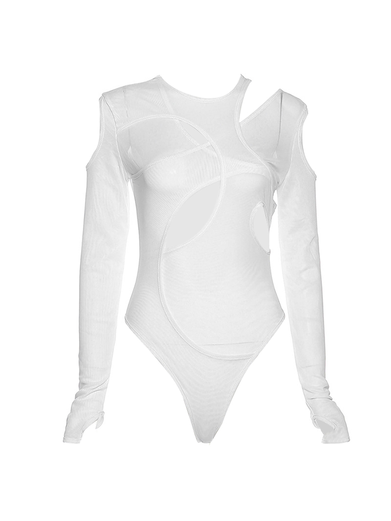 Liacowi Women Tight Bodysuit Summer Long Sleeve Plain Mesh Sheer Romper