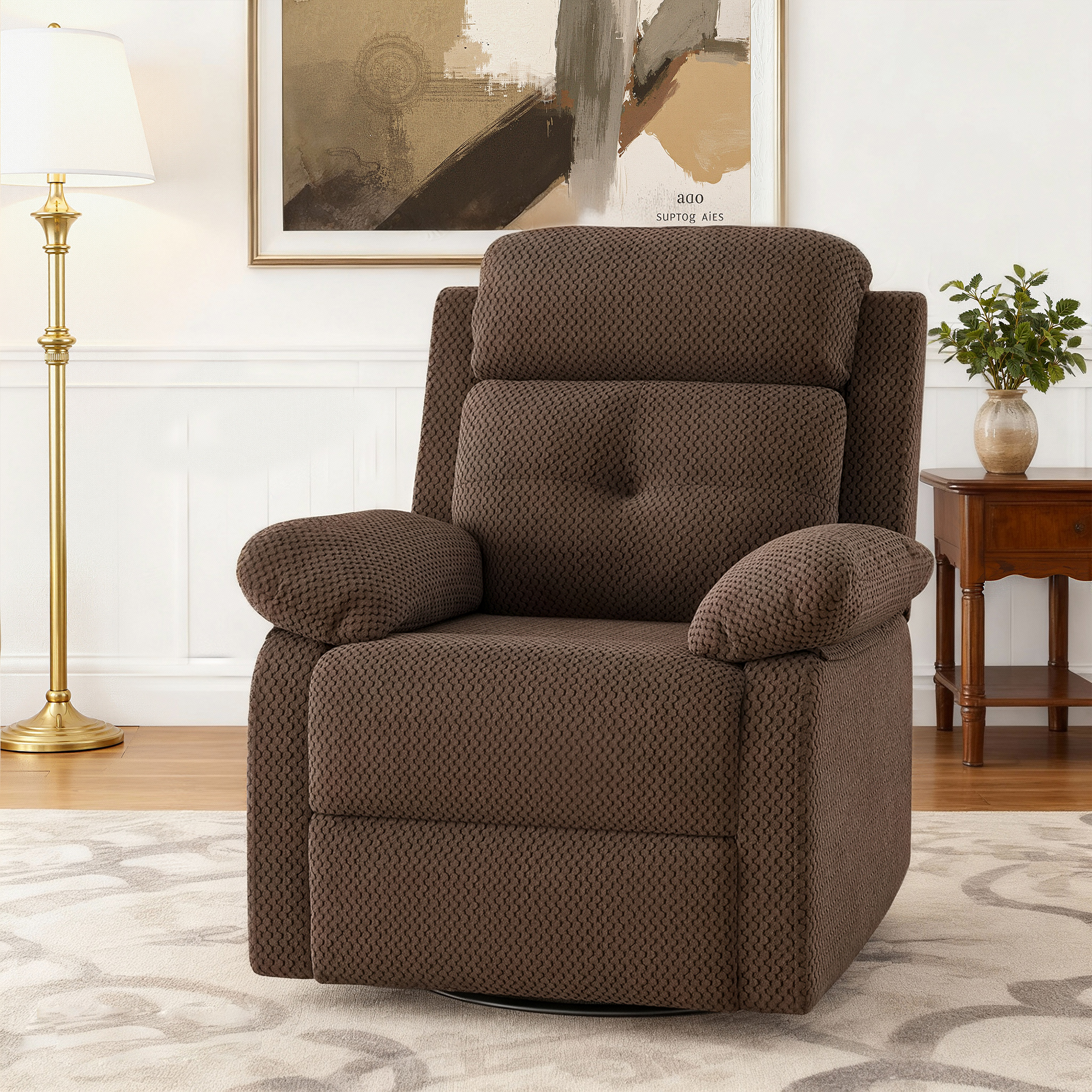 MAYEERTY Chocolate Small Swivel Rocker Recliner for Women, Space-Saving Design for Bedroom & Living Room