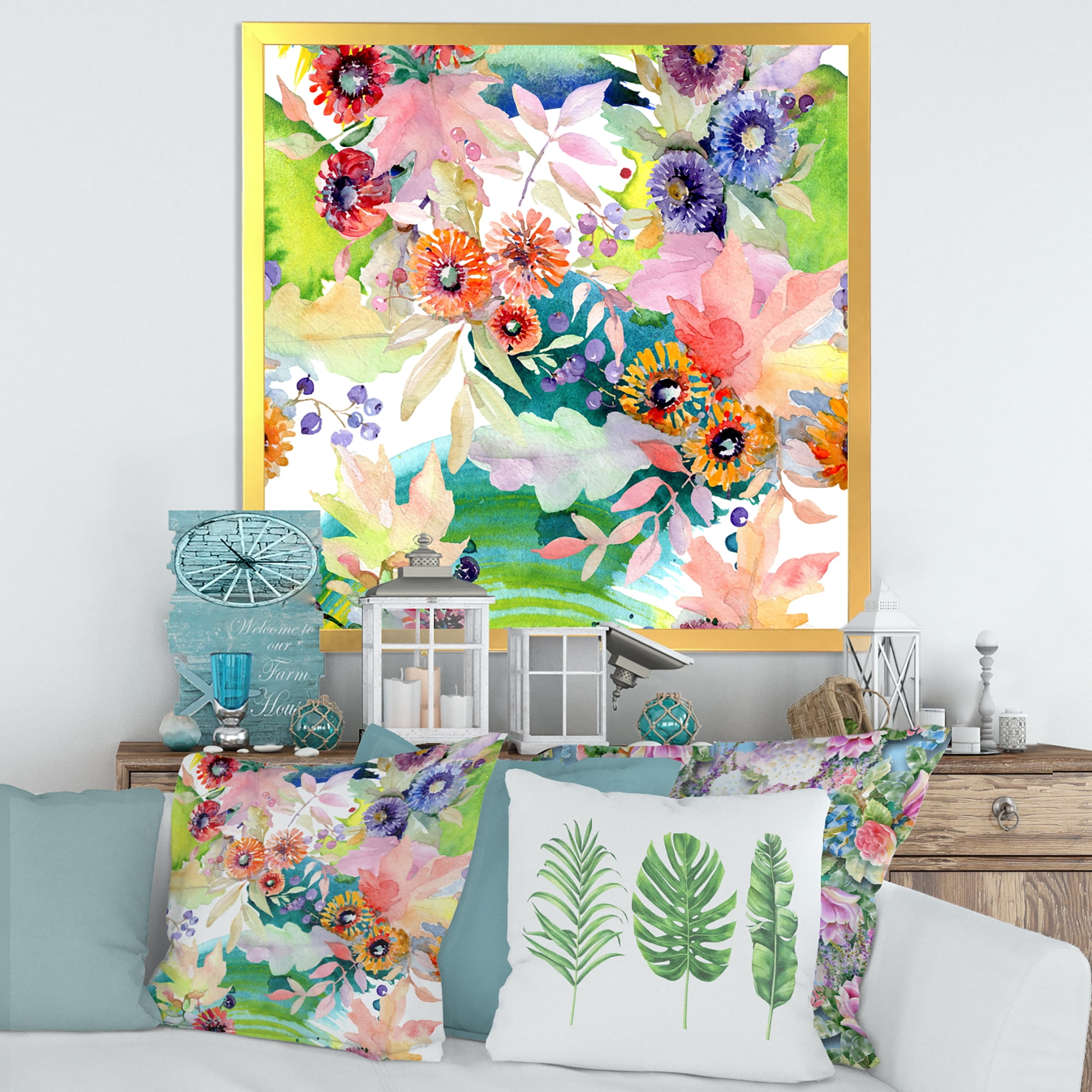 Designart 'Wildflowers and Vibrant Wild Spring Leaves II' Traditional Framed Art Print