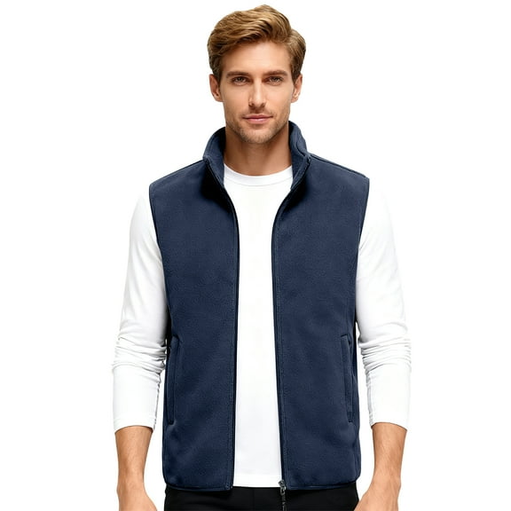 CharmCyan Men Full Zip Fleece Vest Lightweight Stand Collar Sleeveless Outerwear Jacket with Pockets for Outdoor Activities Layering Dark Blue XL