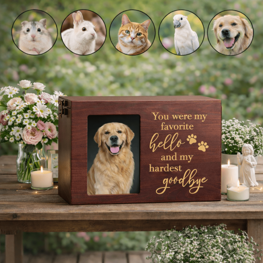 Pet Memorial Urn, Large Wooden Cremation Urn with Photo Frame, Keepsake Memory Box for Dog and Cat Ashes, Black Flannel Lining
