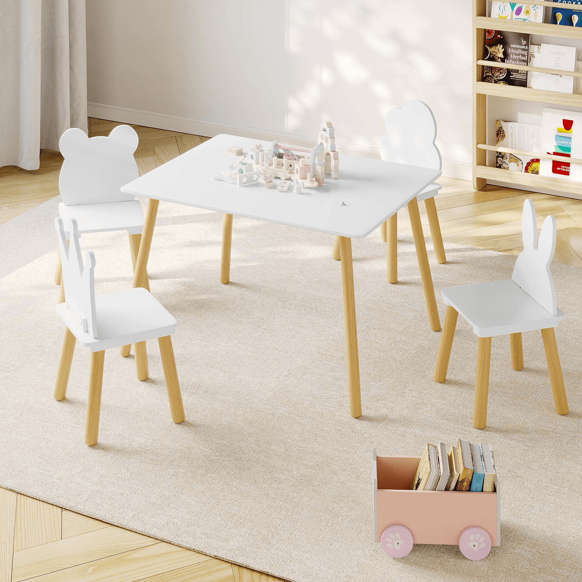 Kids Table and Chair Set 31.5 Inch, 5 Piece Wooden Activity Table and 4 Chairs for Toddlers Children, White