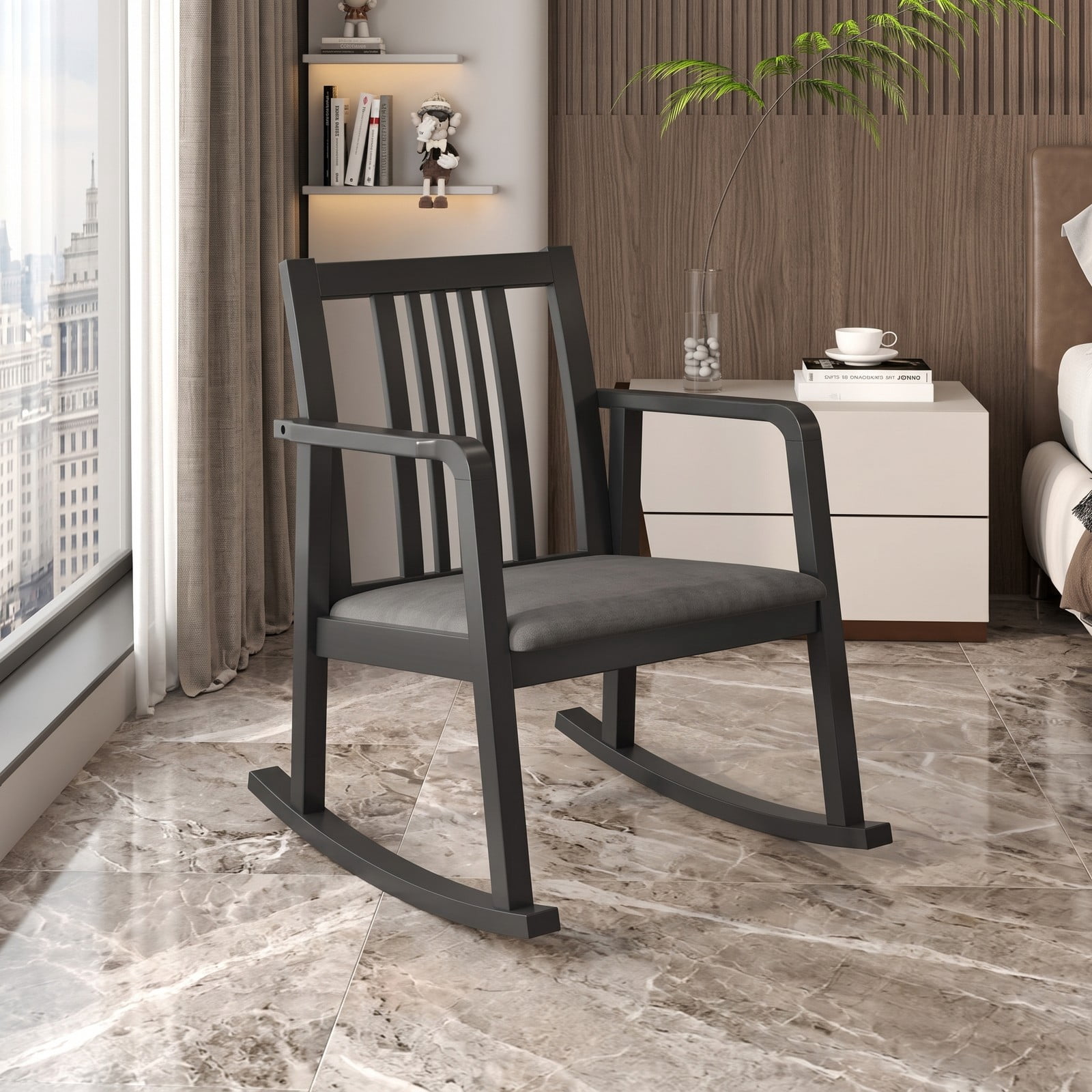 Furnibear Rocking Chair with Slatted Back, Curved Armrests and Soft Padded Fabric Seat for Living Room, Bedroom and Nursery, Black