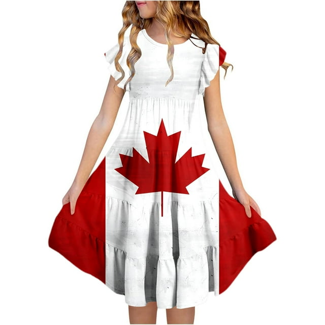 Icvfdpl Robe Florale pour Filles Fête du Canada, Mignonne Imprimé Feuille d'Érable Rouge et Blanc à Volants avec Manches à Volants Poches Robe de Fête Tenue de Vacances Douce pour la Peau Robe d'Été 14-15 Ans