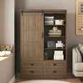 thumbnail image 3 of YYAo Storage Cabinet, Wardrobe Closet,Tall Bedroom Armoire Wardrobe Closet Clothing Storage Cabinet with Hanging Rod Barn Door Drawers Open Shelves,Brown, 3 of 12