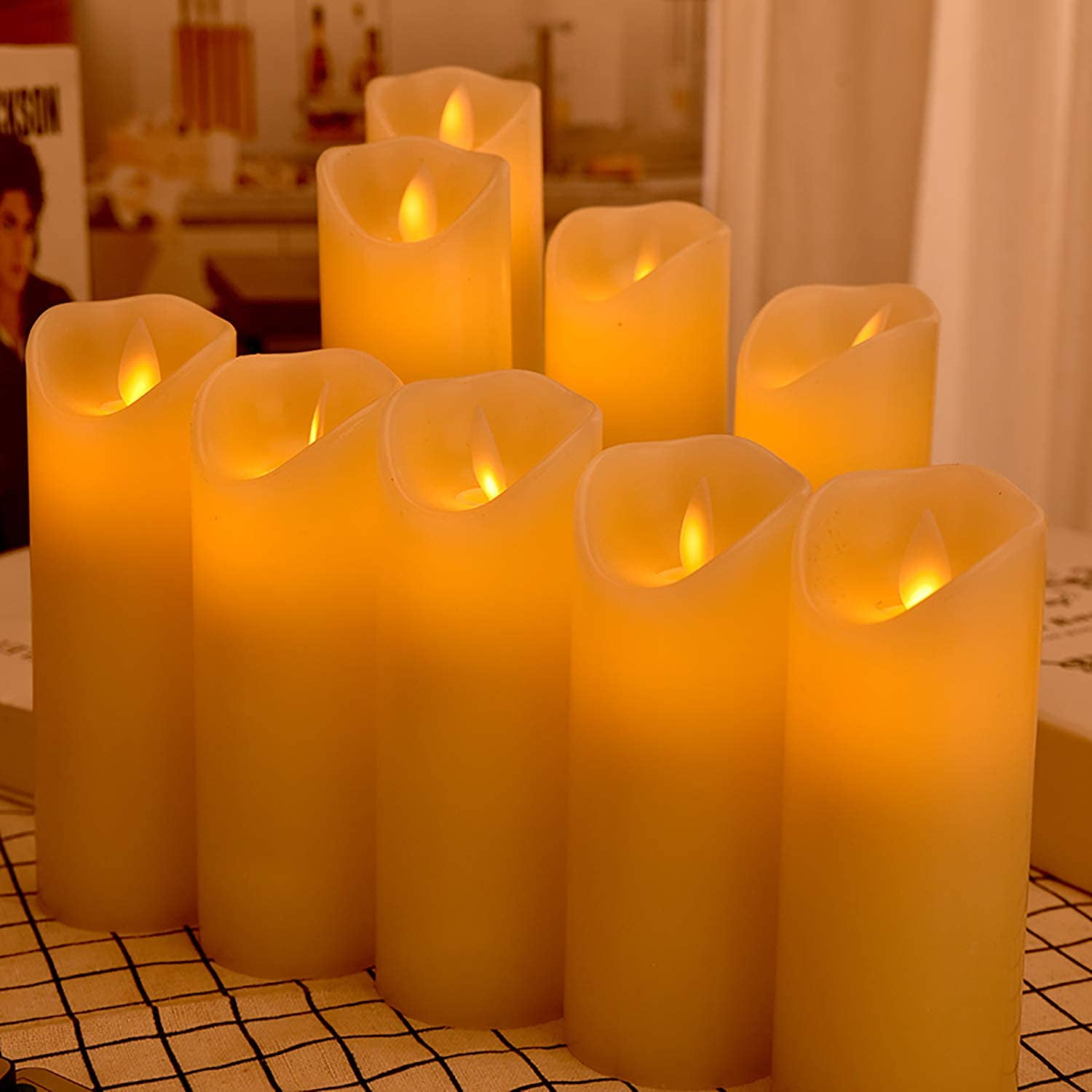 OSHINE Flameless Candles 9 pack LED Lights Moving Wick Real Wax Ivory Electric Candles Pillar Battery Candles Flicker Lights Votive Flames Remote Control with Timer 300+ Hours Halloween