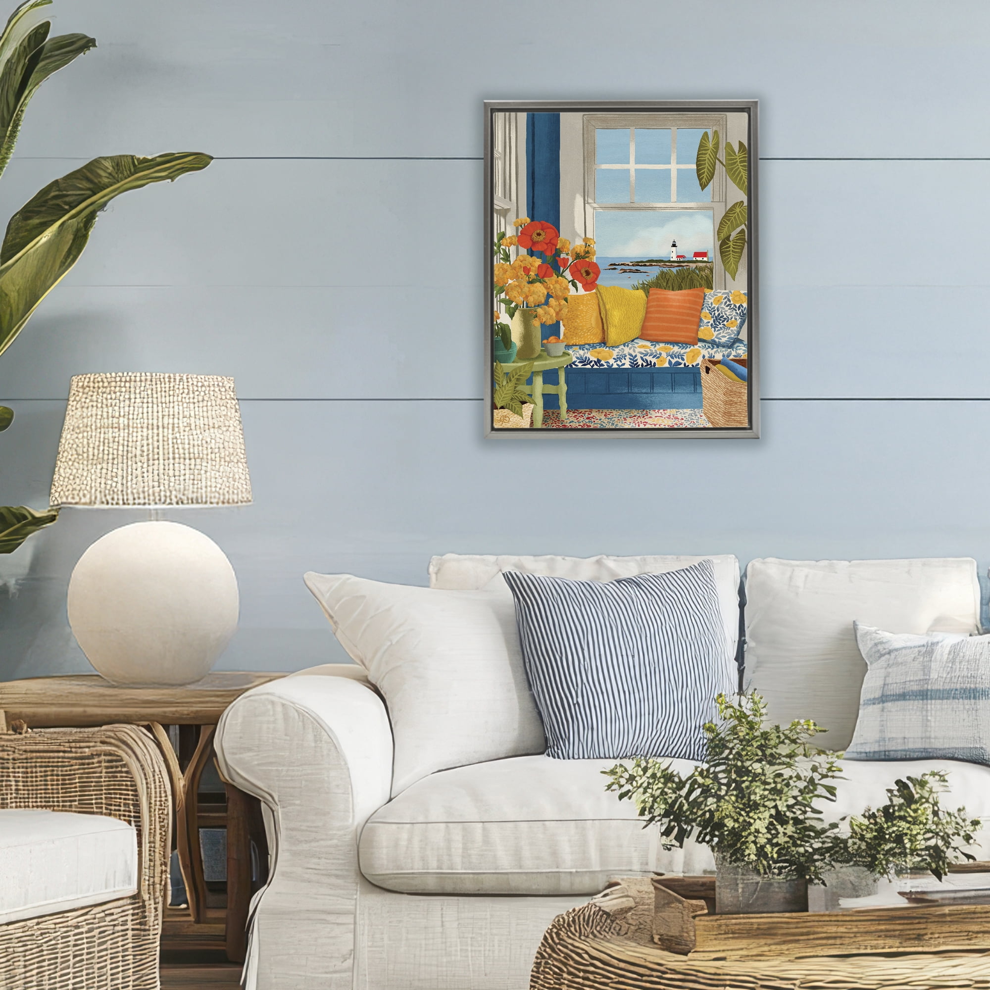 Stupell Industries Distant Lighthouse Window View Gray Framed Floater Canvas Wall Art, design by Lisa R Dumm