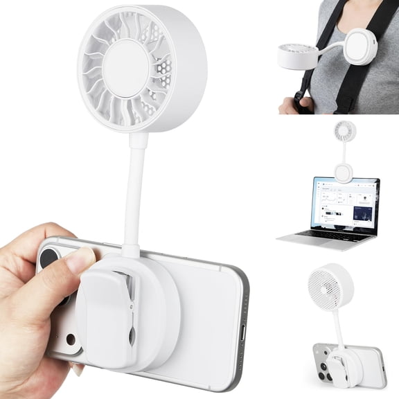 Magnetic Phone Clip Fan, Rechargeable 2-in-1 Mini Cooling Fan with Phone Holder, Portable USB Fan for Desk Outdoor Travel （White）