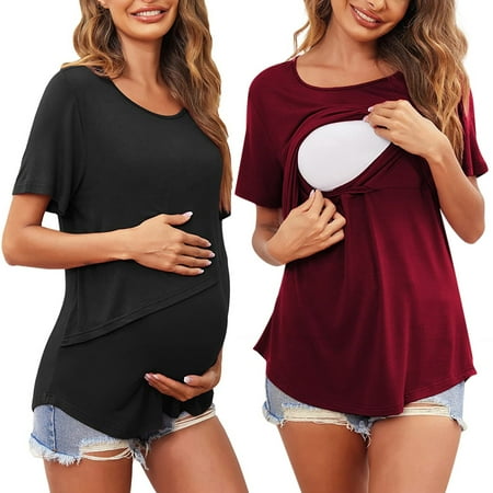 

NIUREDLTD Womens Maternity Short Sleeve Crew Neck Solid Color Asymmetrical Flap Nursed Tops T Shirt For Breastfeeding 2 Pack