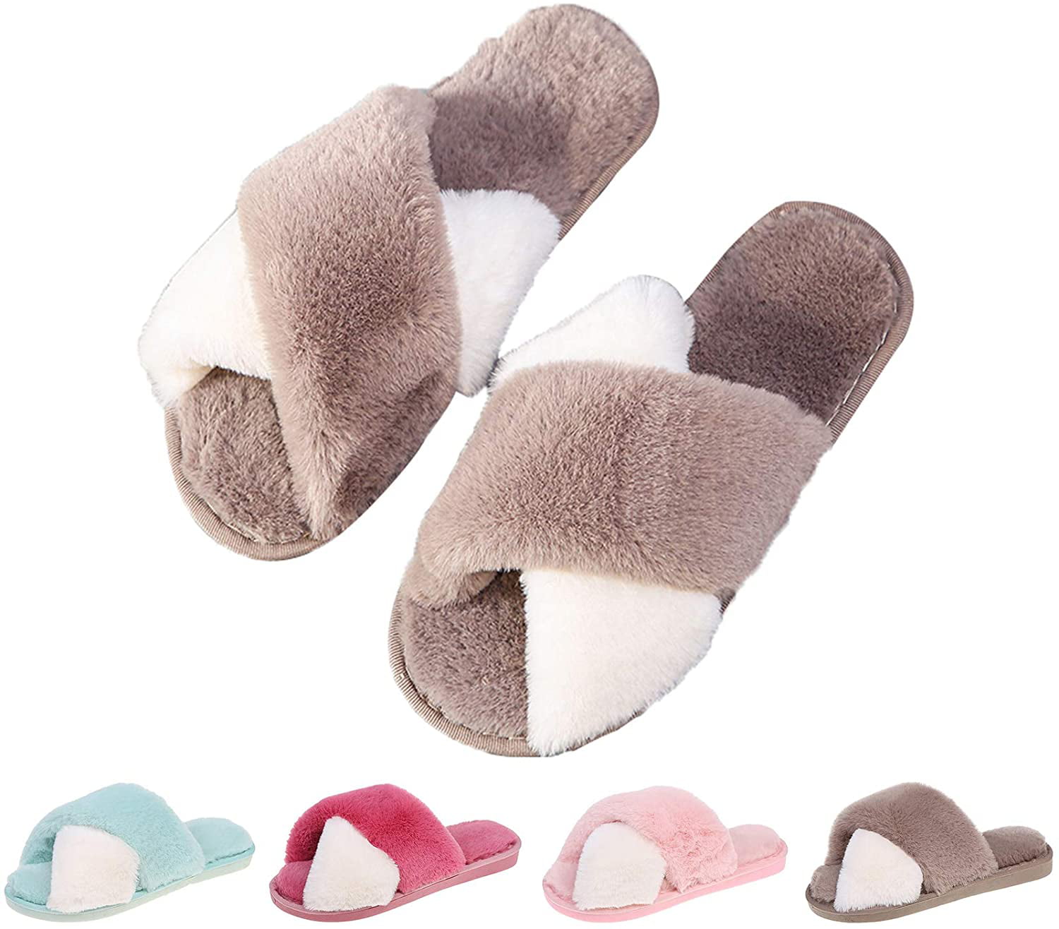 Cozy House Slippers for Women for Indoor and Outdoor Fuzzy Slippers Womens with Cross Band Open Toe Slippers Women Plush Fleece House Shoes 