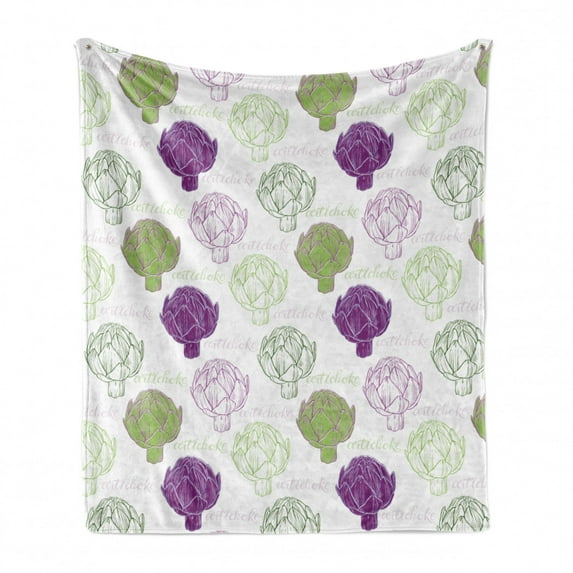 Artichoke Soft Flannel Fleece Throw Blanket, Sketch Style Vegetables Hand Drawn Style Exotic Tasty Healthy Food, Cozy Plush for Indoor and Outdoor Use, 50" x 70", Lime Green and Purple, by Ambesonne