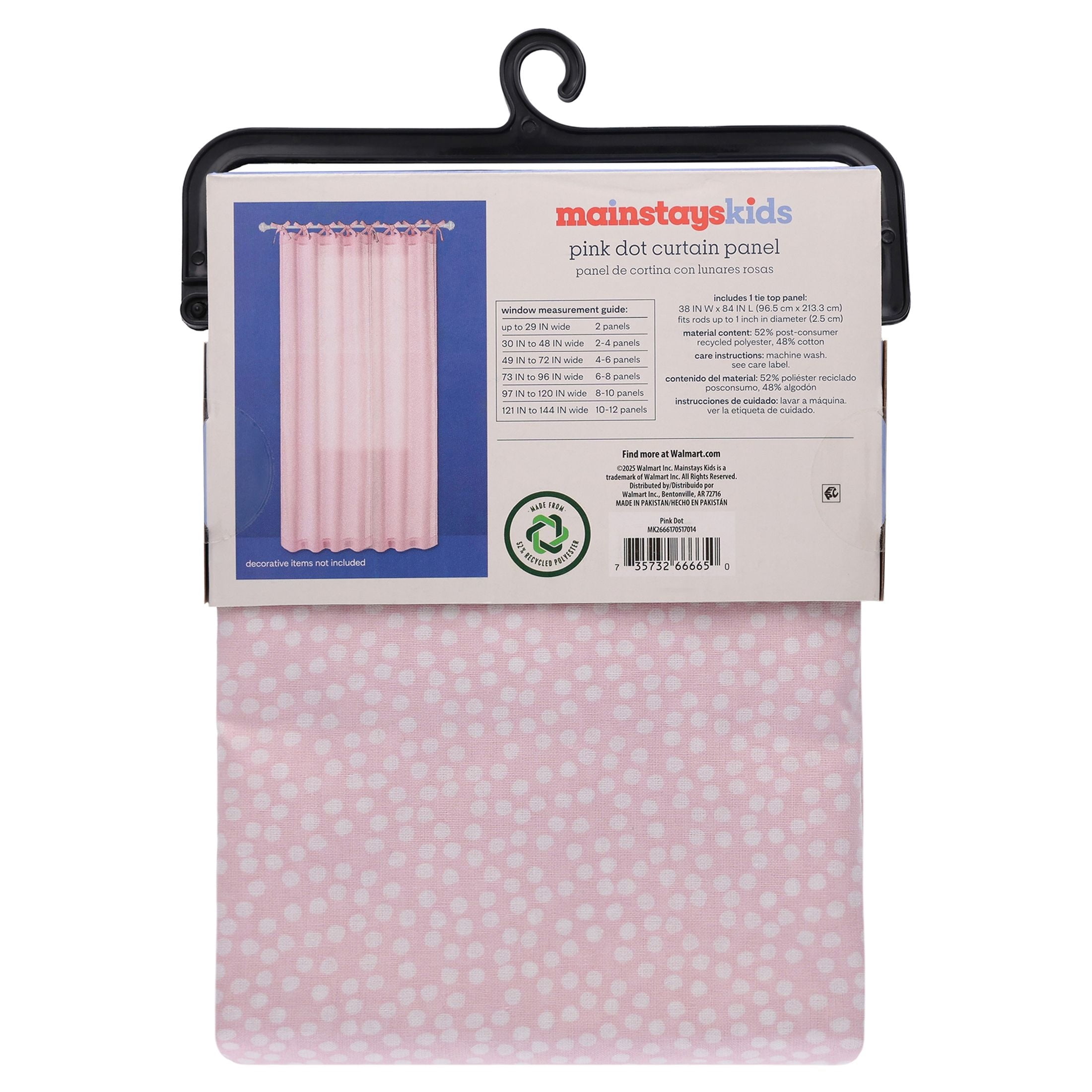 Mainstays Kids Pink Dotted Light Filtering Tie Top Single Curtain Panel, 38 in W x 84 in L
