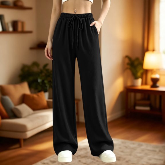 Kttectoa Pants for Women Wide Leg Drawsting Waist Loose Corduroy Pants Solid Fill Length with Pockets Casual Lounge Fall Winter