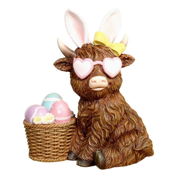 Hogloyecr Easter Highland Cow Bunny Figurines Decor,2026 Resin Easter Statues with Eggs, for Home Tabletop Tiered Tray Decor, Spring Holiday Party Centerpieces A
