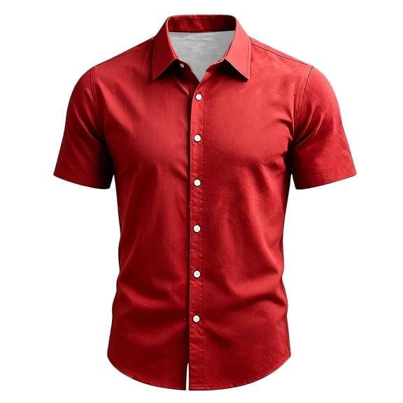 Boyscolos Mens Slim Fit Shirt Short Sleeve Button Down Dress Shirt Stretch Business Casual Summer Office Wear Red S