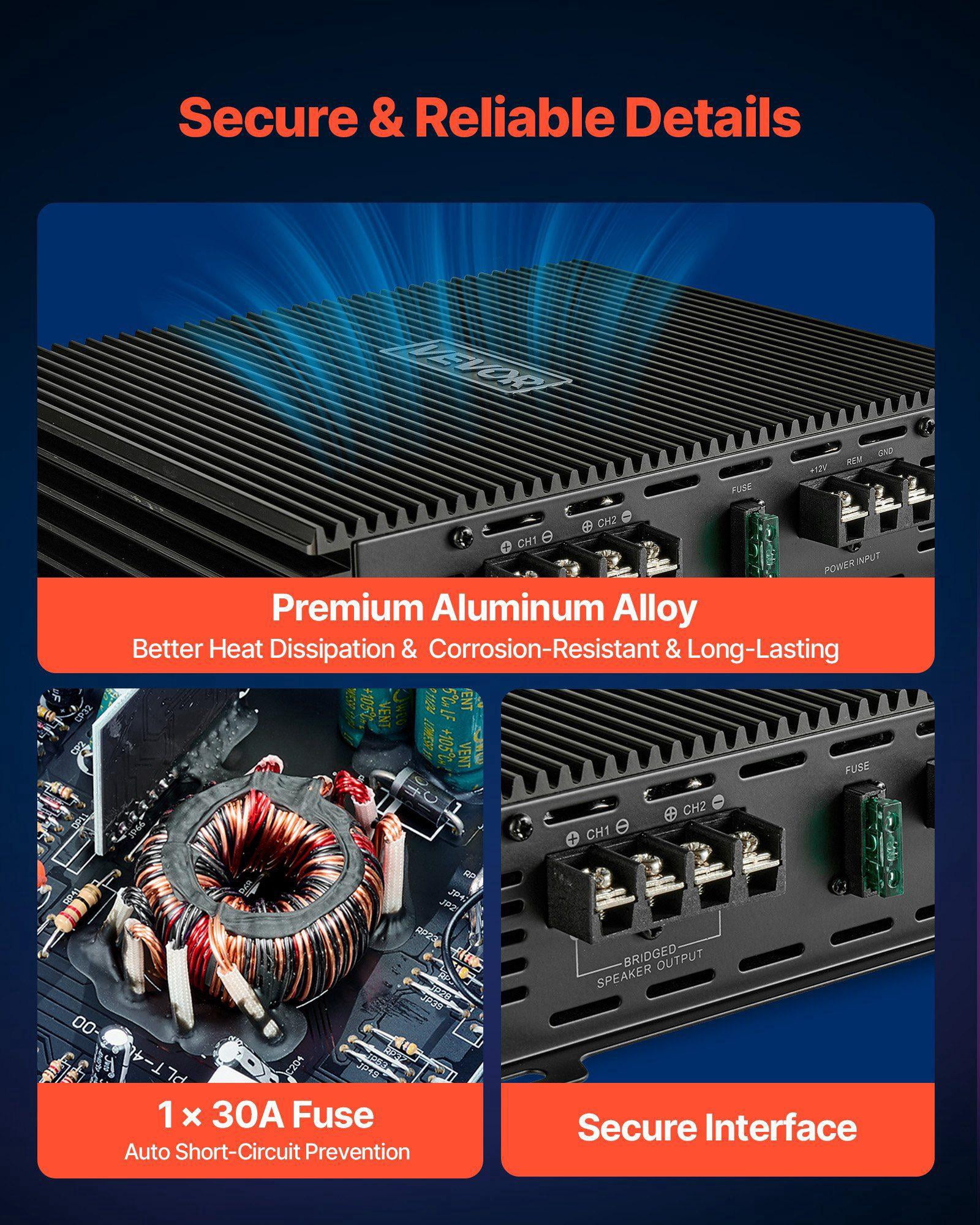2 Channel Car Audio Amplifier 2 Ohm Stable Bridgeable Class A/B Full Range Stereo Amp Max Power 2 x 300W at 4 Ohm 2 x 600W at 2 Ohm for Car SUV Truck Off Road
