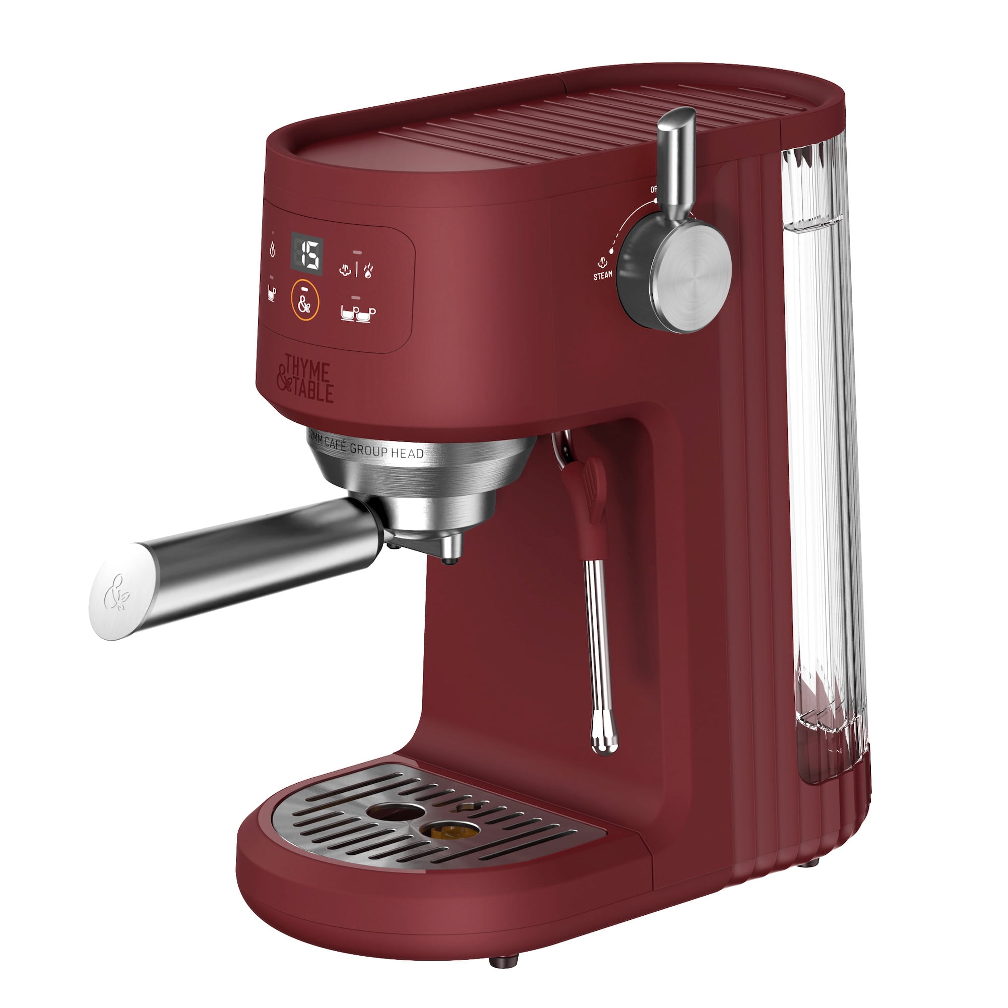 Thyme & Table Barista Mini Espresso Machine with 15-Bar Pressure and Steam Wand, Cabernet Red