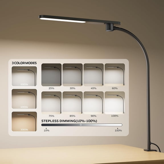 HJ2 Gooseneck LED Desk Lamp with Clamp,3-Color Stepless Dimming.Flexible Metal Lamp Arm,CRI ≥ 97.Adjustable Small Desk Lamp for Home Office,Studying, Reading, Artists & Crafters (Black)