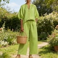 thumbnail image 5 of Trendy Green Linen 2 Piece Outfit Womens Half Sleeve Zip up Blouse Top and Drawstring Wide Leg Pants for Summer Daily Vacation Green XL, 5 of 9