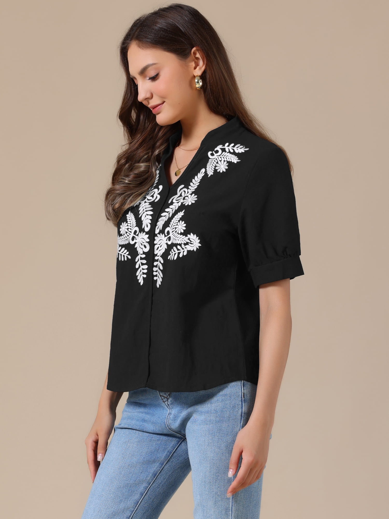 DARING DIVA Women's Cotton Floral V Neck Short Sleeve Embroidered Blouses Tunic XL Black