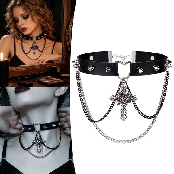 Leeye Necklace Gothic Punk Choker For Heart Cutout Rose Layer Chain Collar Halloween Rock Cosplay Jewelry