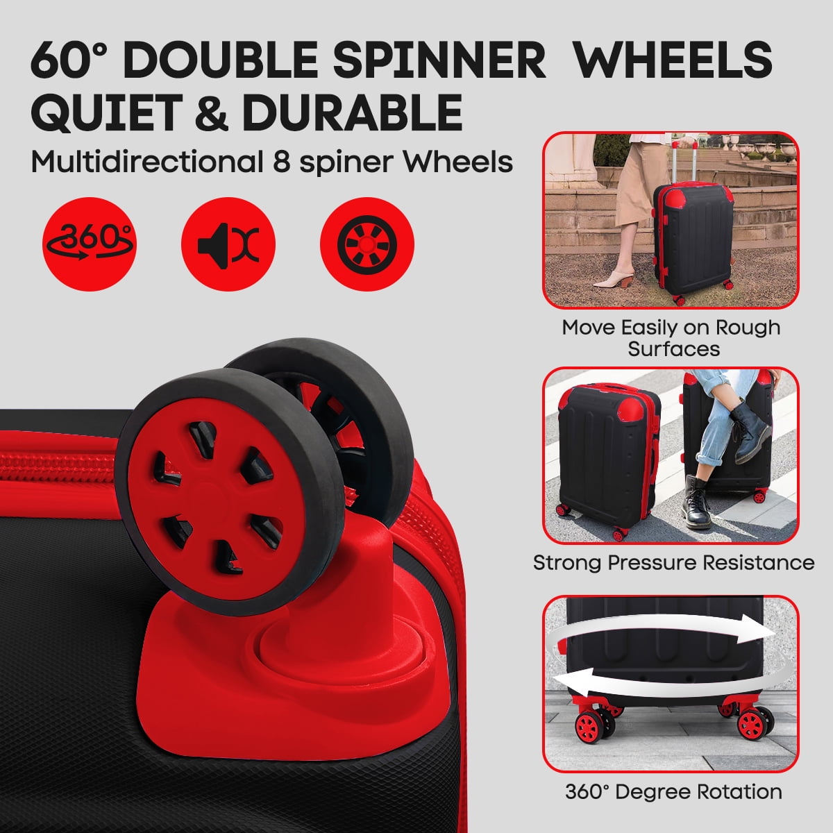 3 Piece Hardside Luggage Set, Expandable ABS Spinner Suitcases (20/24/28) – Lightweight & Scratch-Resistant Travel Luggage, Bkack/Red -EL2401