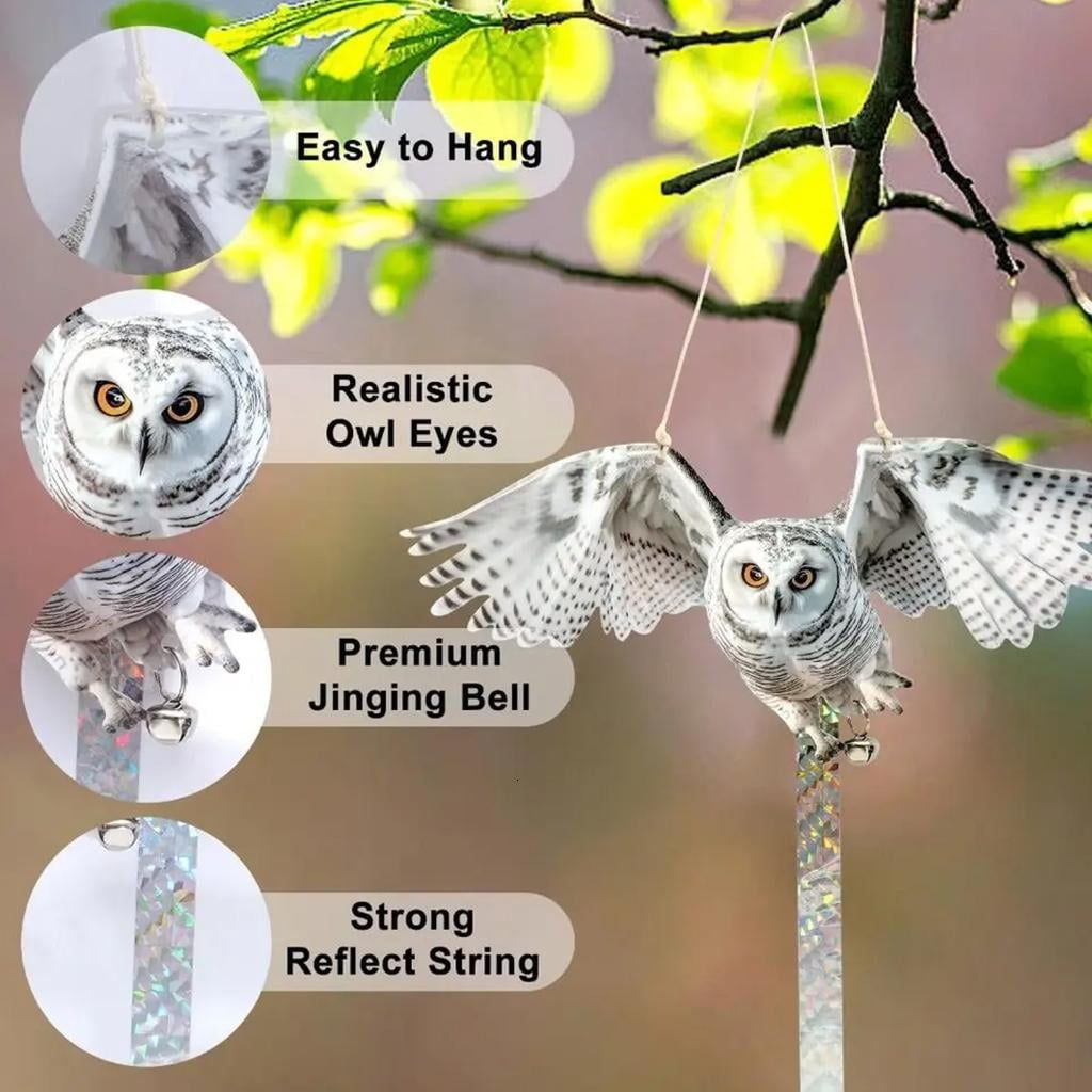 AOOOWER Double Sided Bird Scarer Device Owl Decorations with Reflective Strips and Bells to Scare Birds from Trees