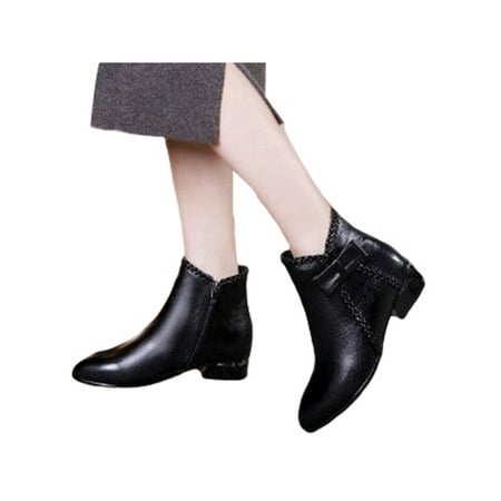 

Woobling Ladies Block Heels Bootie Side Zip Ankle Booties Casual Winter Boots Formal Dress Boot Fashion Comfort Anti-Slip Black PU Upper Plush Lined 8