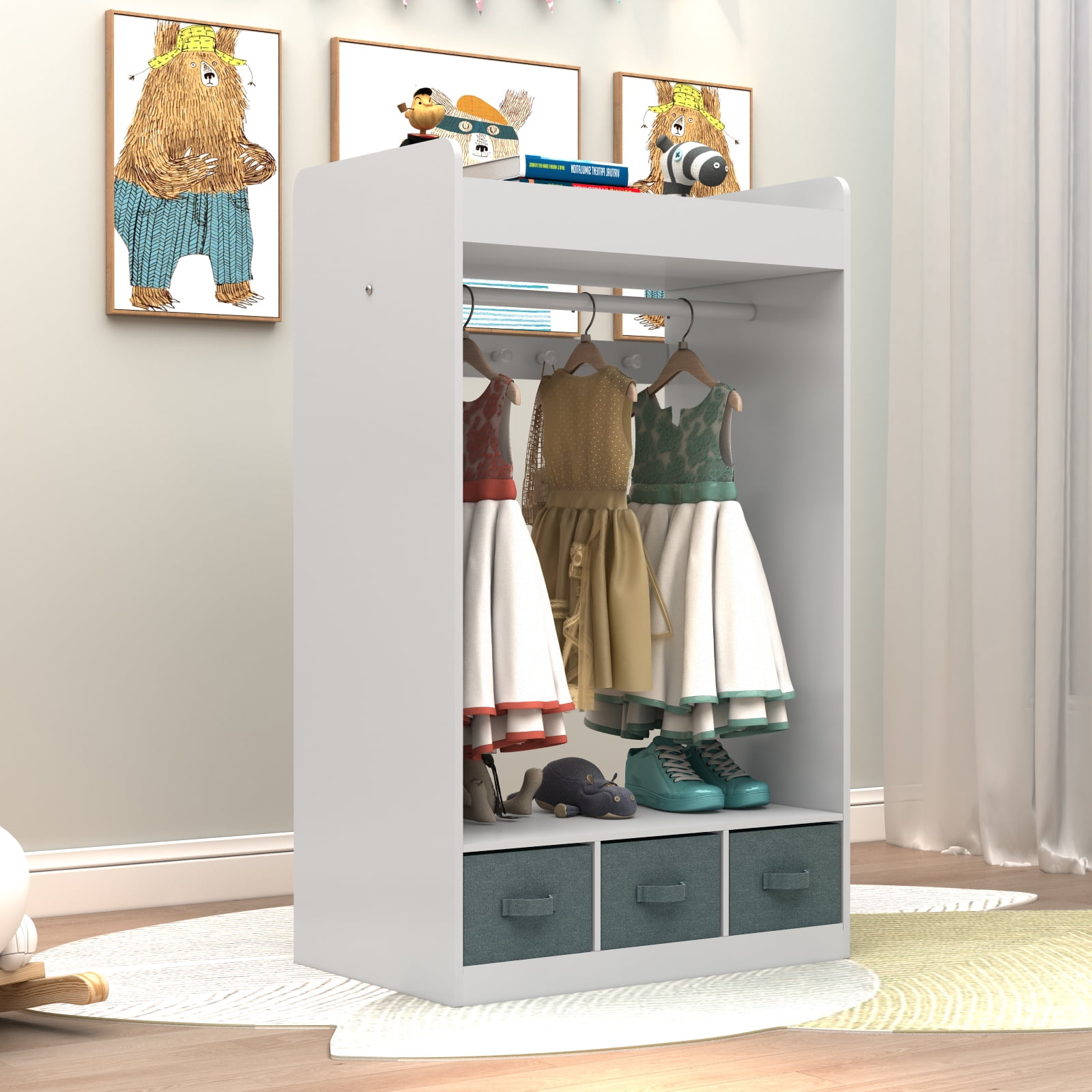 Kids Costume Organizer Rack, Kids Open Hanging Armoire Closet with Mirror, White