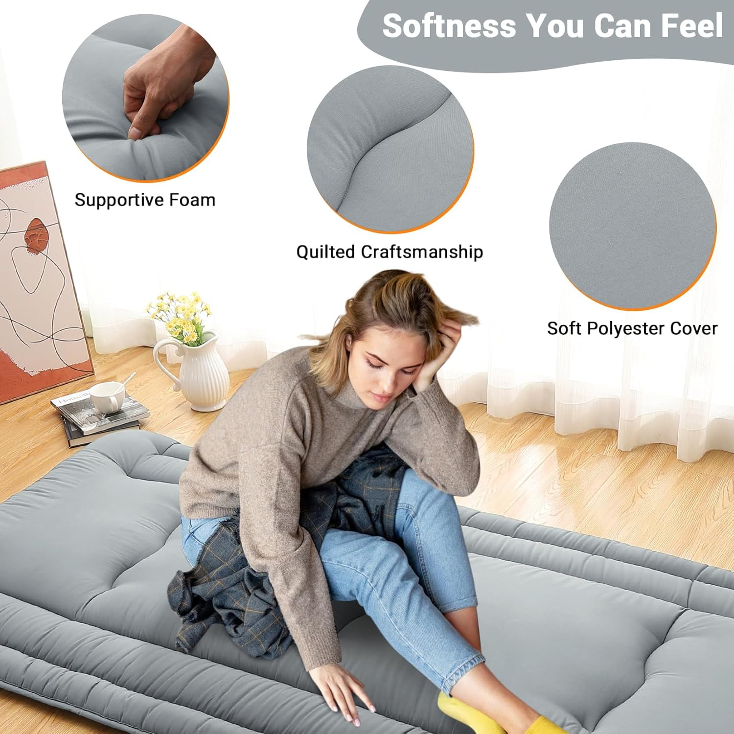 Futon Mattress Twin/Full Size, Japanese Floor Mattress Foldable Sleeping Mattress, Roll Up Floor Bed Mattress for Easy Storage, Tatami Mat Japanese Floor Bed for Dorm Camping