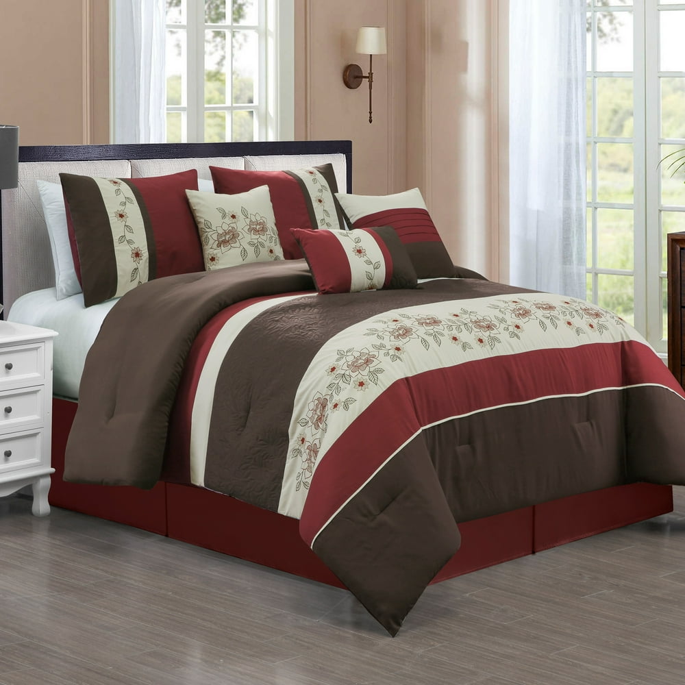 Unique Home 7 Piece Comforter Set Red Flower Floral Bed In a Bag