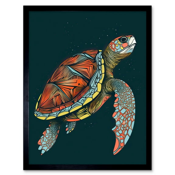 Swimming Sea Turtle Modern Folk Art Illustration Art Print Framed Poster Wall Decor 12x16 inch