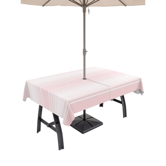 Outdoor Tablecloth with Umbrella Hole for Patio/Picnic/Party/Camping, Pink Striped Waterproof Table Cloth Rectangle Table Cover Washable, Pink Ombre Farmhouse Stripes (60"x 102")