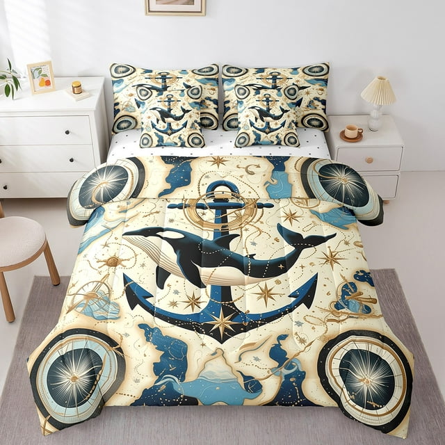 YST Nautical 7-Piece Bedding Comforter Set, Twin Size Ocean Whale Design with Vintage Anchor and Compass