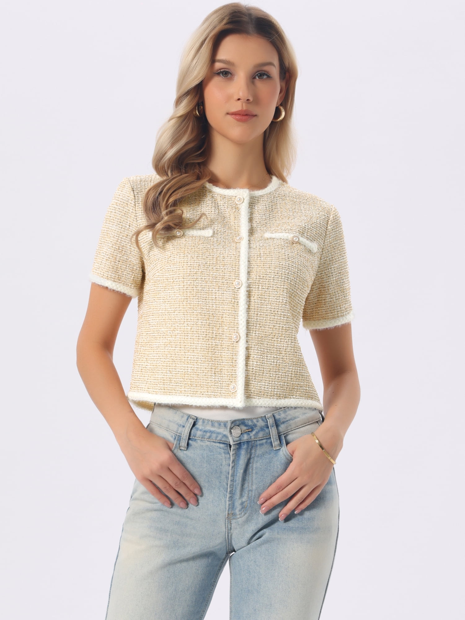 DARING DIVA Women's Short Sleeve Tweed Jacket Crew Neck Button Front Cropped Cardigan S Yellow