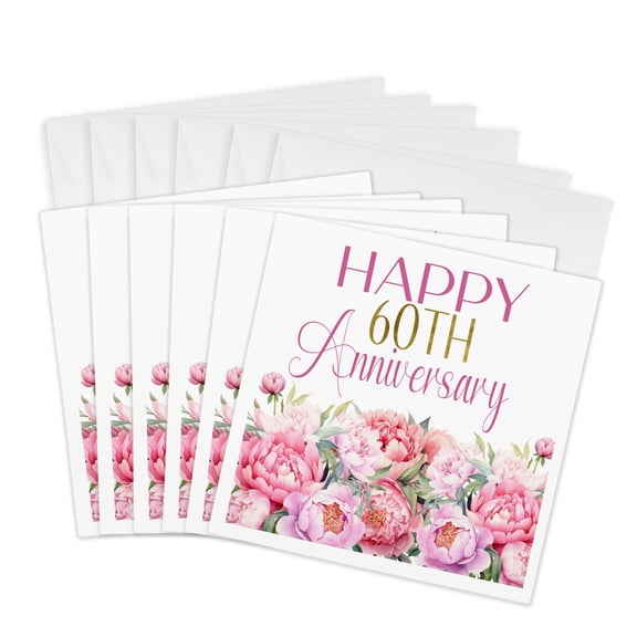 3drose, Pink Peony Flowers Happy 60th Anniversary, 6 Greeting Cards with Envelopes
